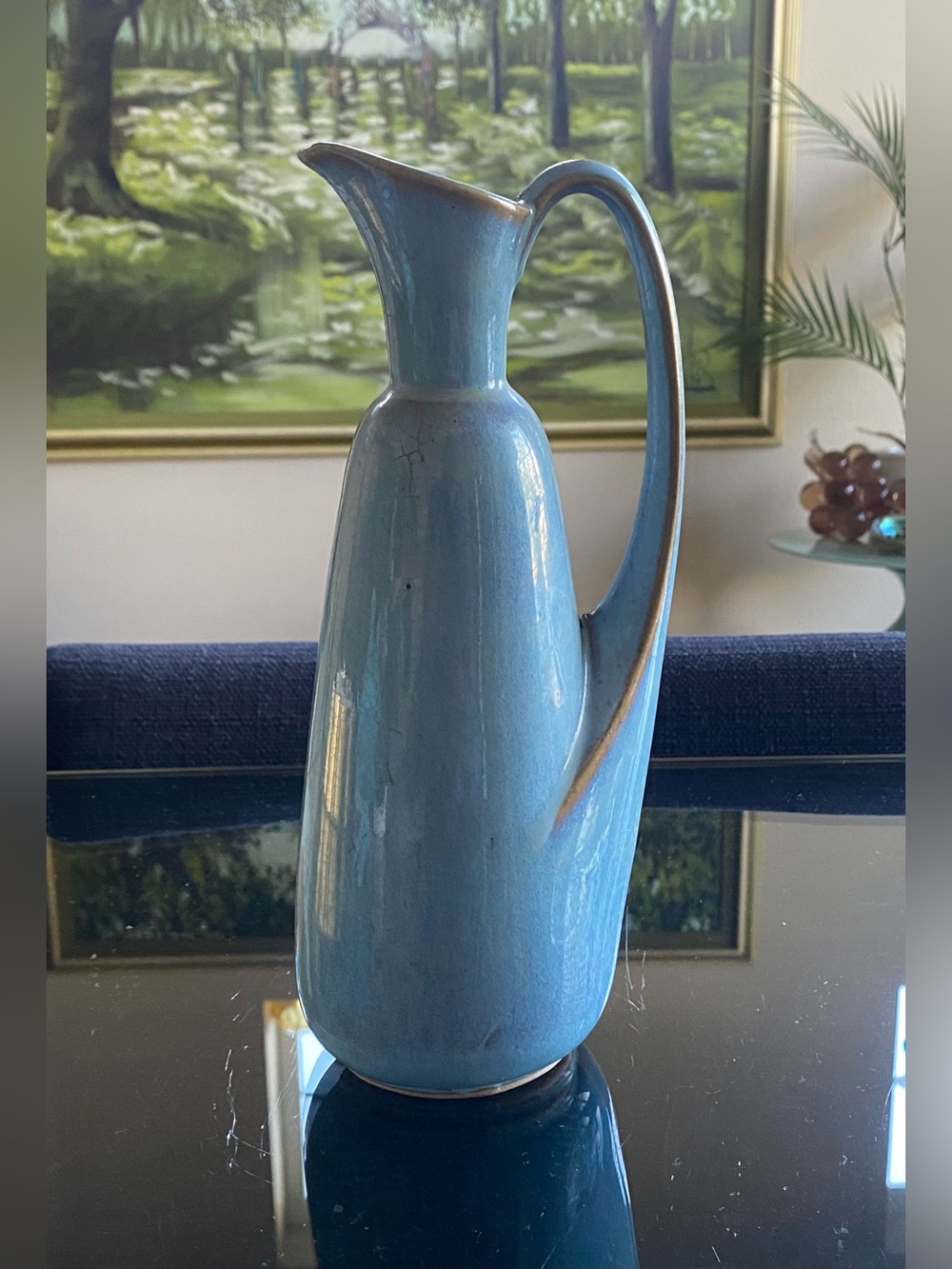 VTG Mid Century Modern Blue Drip Glaze Ceramic Ewer Pitcher Made In Japan